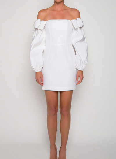 A-Line Off-The-Shoulder Bow Long Sleeves Short/Mini Elastic Satin Bride Wedding Dress