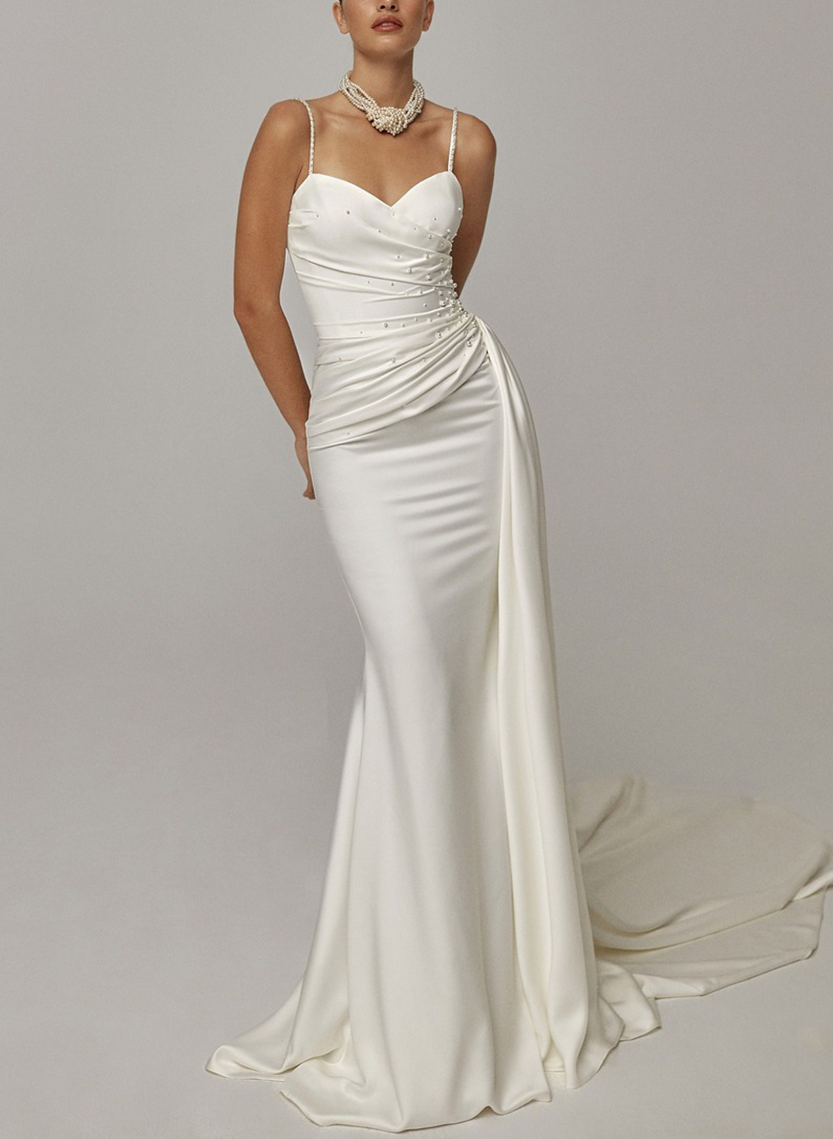 Trumpet/Mermaid Sweetheart Sleeveless Chapel Train Crepe Satin Bride Wedding Dress With Beading