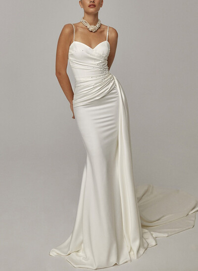 Trumpet/Mermaid Sweetheart Sleeveless Chapel Train Crepe Satin Bride Wedding Dress With Beading