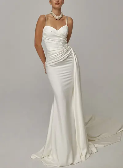 Trumpet/Mermaid Sweetheart Sleeveless Chapel Train Crepe Satin Bride Wedding Dress With Beading