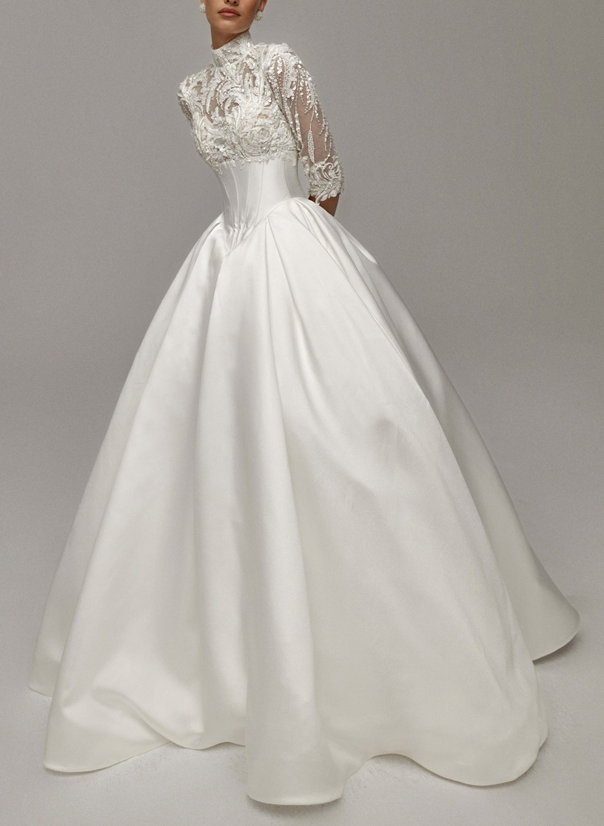 Ball-Gown High Neck 3/4 Sleeves Chapel Train Lace/Twill Satin Bride Wedding Dress With Pockets/Beading/Sequins/Flower(s)