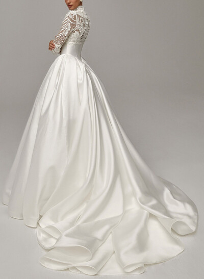 Ball-Gown High Neck 3/4 Sleeves Chapel Train Lace/Twill Satin Bride Wedding Dress With Pockets/Beading/Sequins/Flower(s)