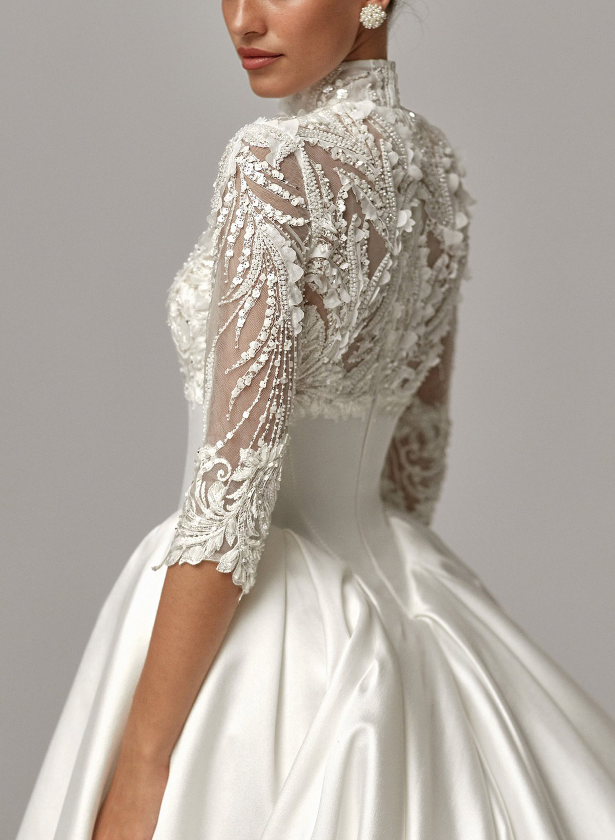 Ball-Gown High Neck 3/4 Sleeves Chapel Train Lace/Twill Satin Bride Wedding Dress With Pockets/Beading/Sequins/Flower(s)