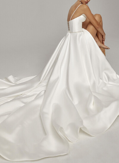 A-Line Sweetheart Sleeveless Chapel Train Satin Bride Wedding Dress With Pockets