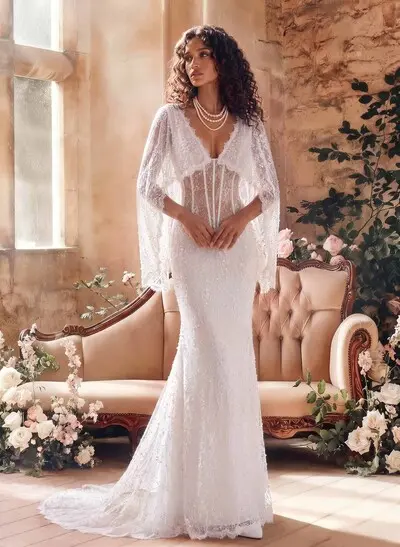 Trumpet/Mermaid V-Neck Cape Sleeves Chapel Train Tulle/Glitter Lace Wedding Dresses With Lace