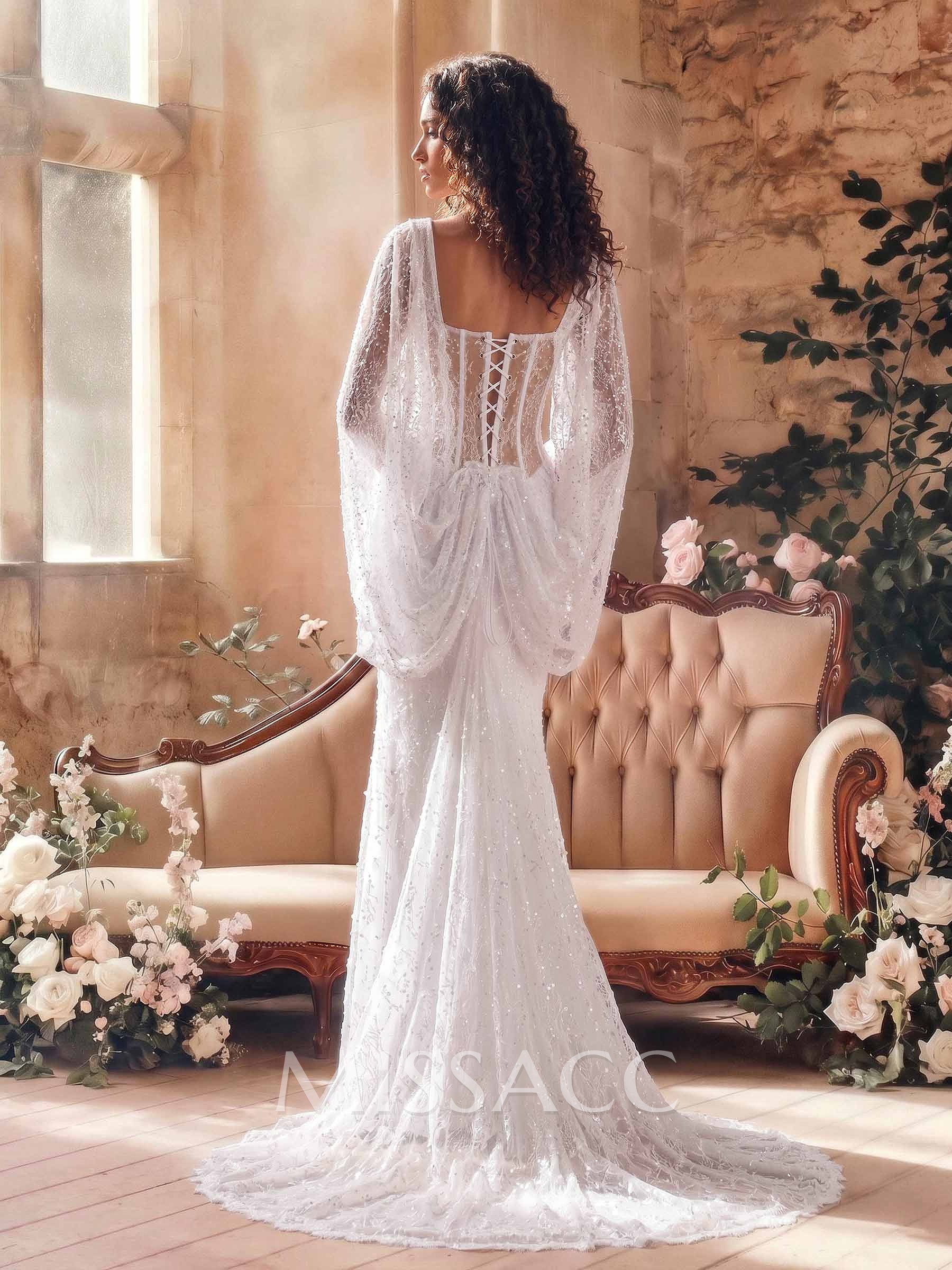 Trumpet/Mermaid V-Neck Satin And Tulle Wedding Dress With Cape Sleeves, Court Train And Lace
