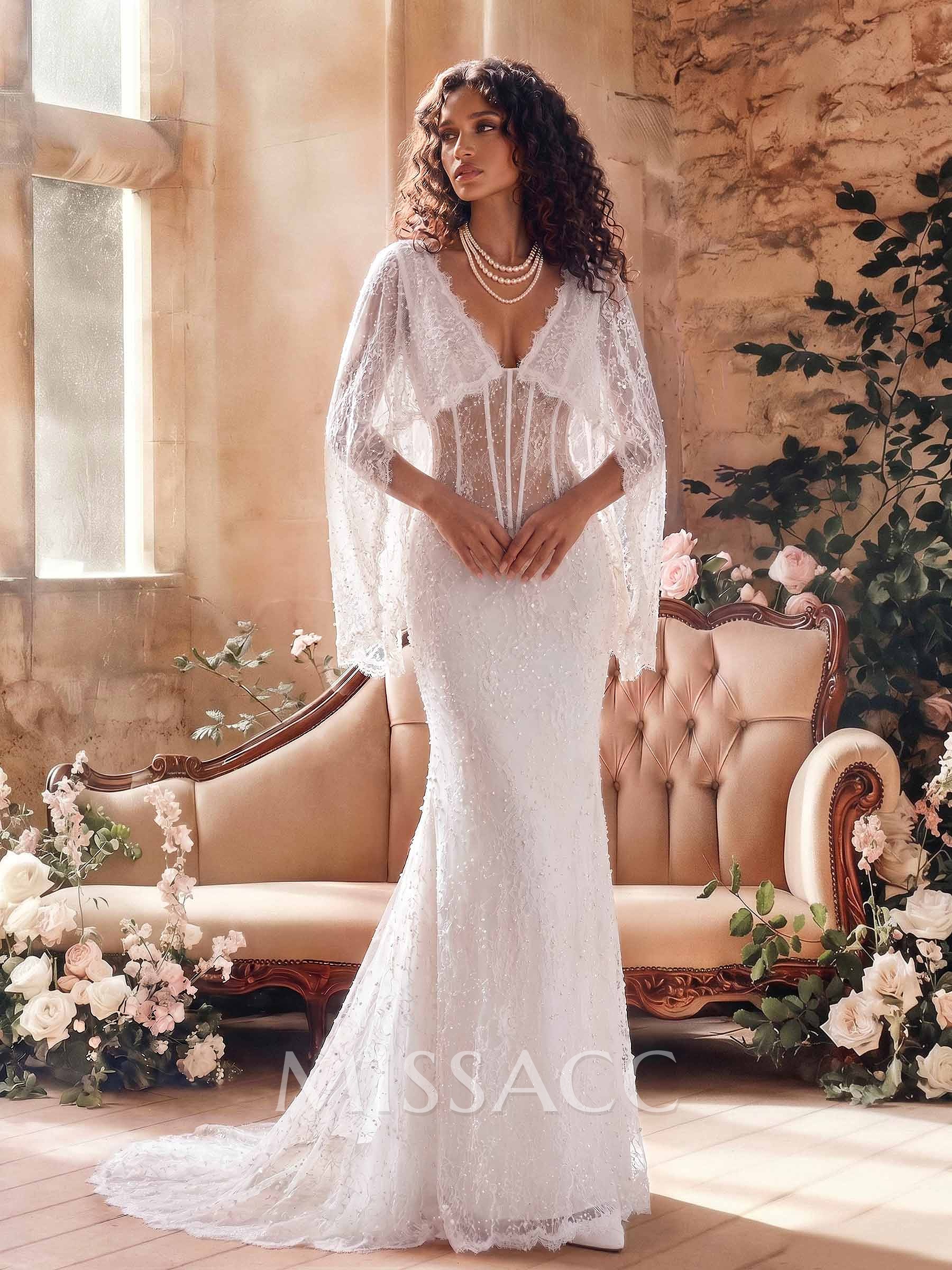 Trumpet/Mermaid V-Neck Satin And Tulle Wedding Dress With Cape Sleeves, Court Train And Lace
