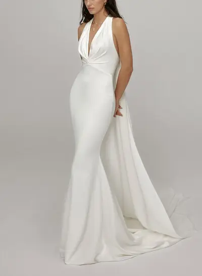 Trumpet/Mermaid Halter/Plunge Neck Sleeveless Detachable Trail Matte Satin Bride Wedding Dress