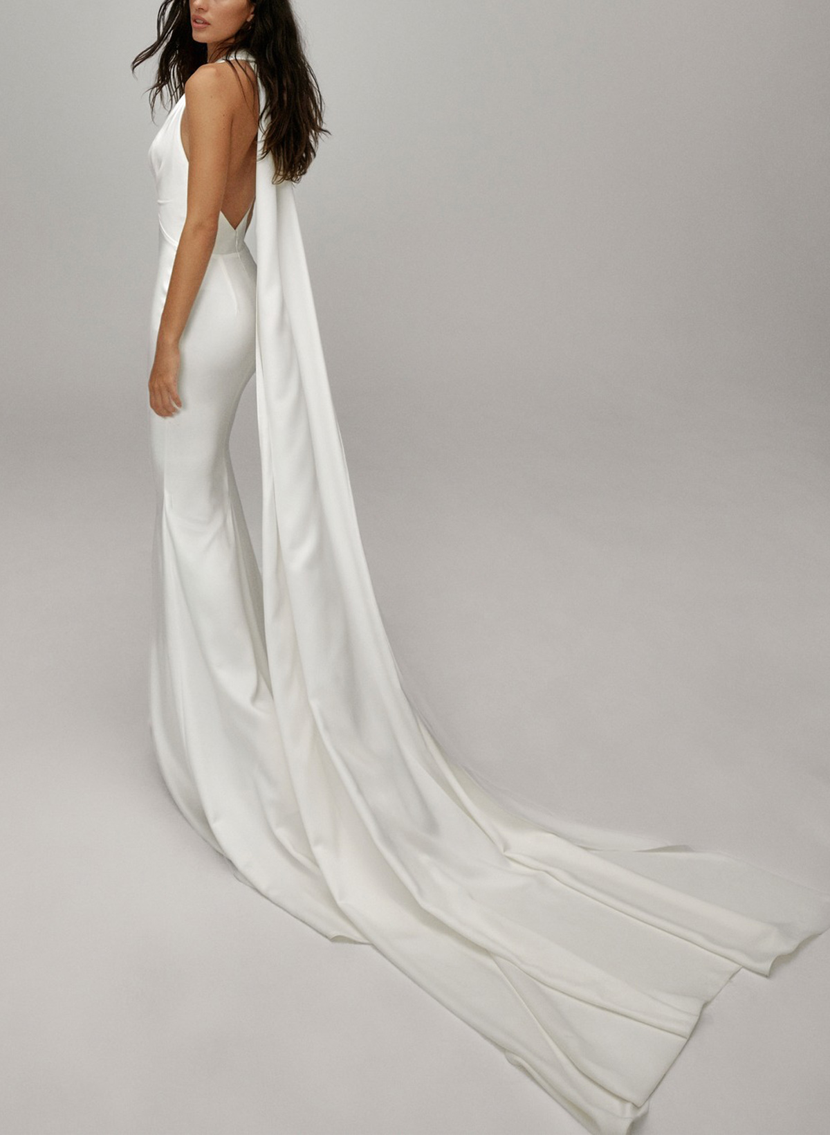 Trumpet/Mermaid Halter/Plunge Neck Sleeveless Detachable Trail Matte Satin Bride Wedding Dress