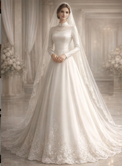 A-Line Illusion Neck Long Sleeves Court Train Wedding Dresses With Appliques Lace