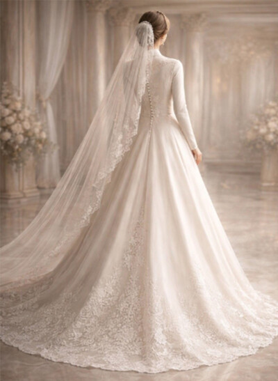 A-Line Illusion Neck Long Sleeves Court Train Wedding Dresses With Appliques Lace