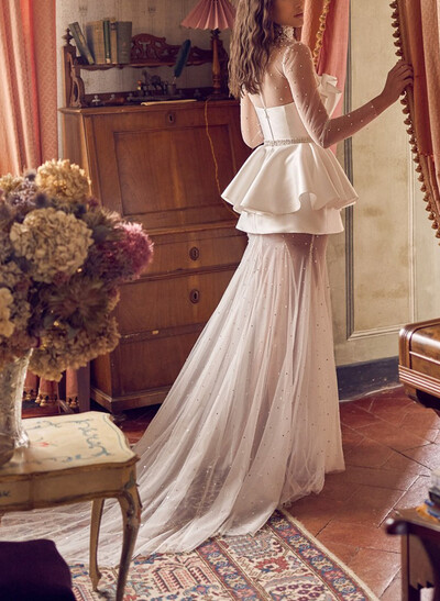 A-Line High Neck Long Sleeves Court Train Satin Bride Wedding Dress With Beading