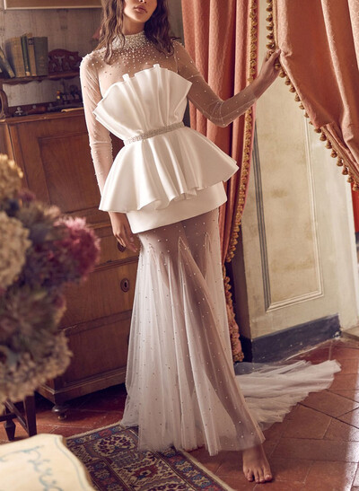 A-Line High Neck Long Sleeves Court Train Satin Bride Wedding Dress With Beading