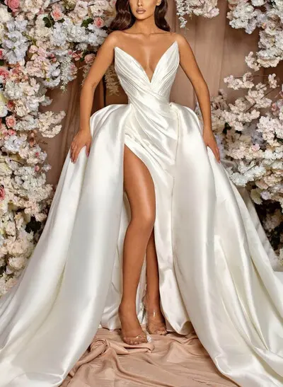 A-Line Plunge Neck Sleeveless Court Train Twill Satin Wedding Dresses With Overskirt Dress