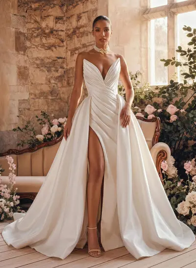 A-Line Plunge Neck Sleeveless Court Train Twill Satin Wedding Dresses With Overskirt Dress