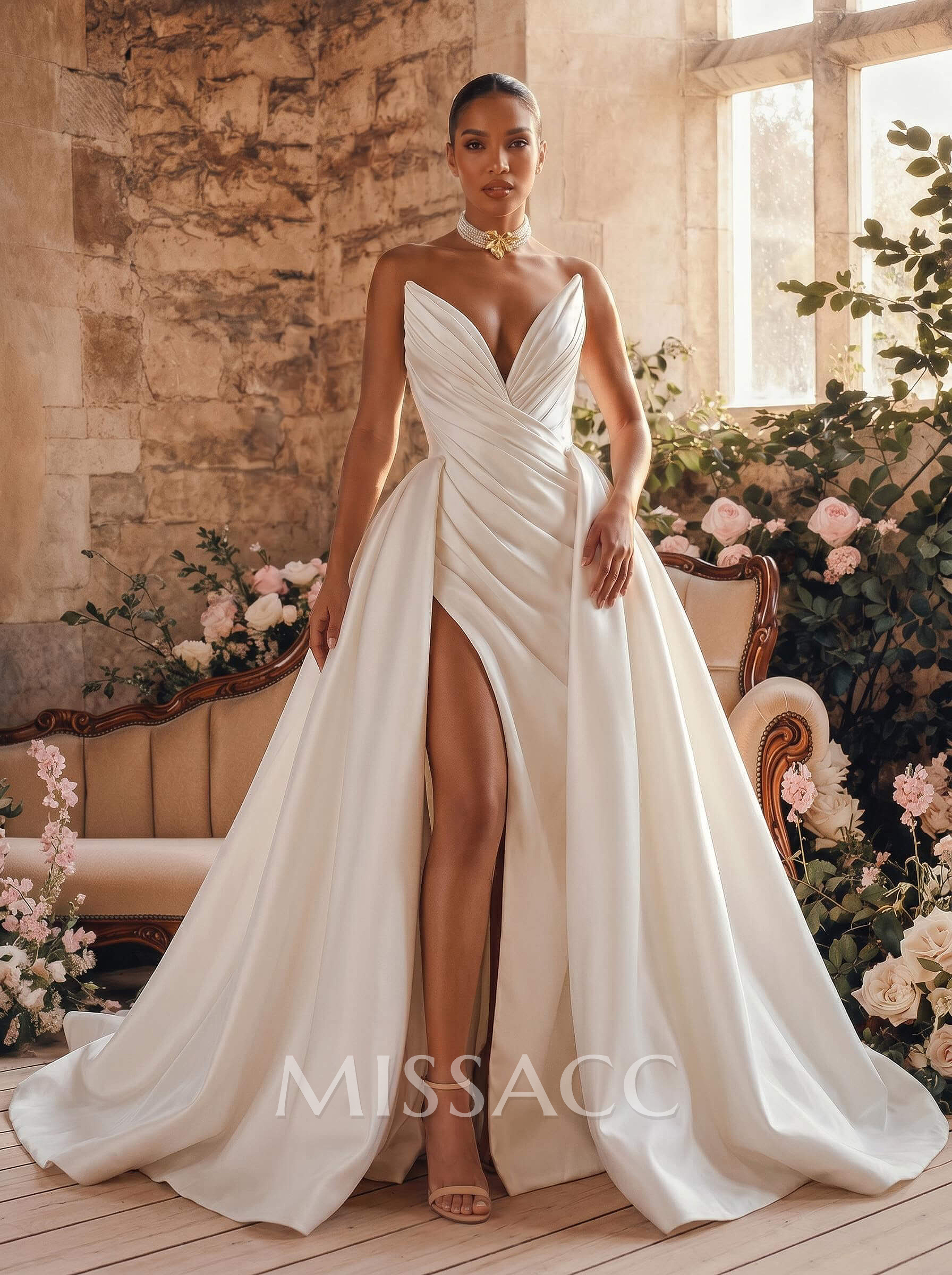 A-Line Plunge Neck Sleeveless Court Train Twill Satin Wedding Dresses With Overskirt Dress