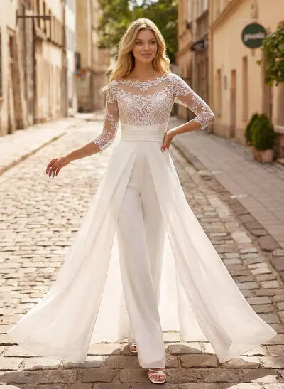 Jumpsuit/Pantsuit Scoop Neck 3/4 Sleeves Floor-Length Chiffon/Lace Wedding Dresses With Lace/Overskirt Dress