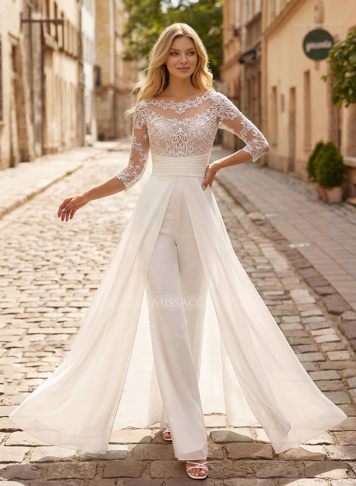 Jumpsuit/Pantsuit Scoop Neck 3/4 Sleeves Floor-Length Chiffon/Lace Wedding Dresses With Lace/Overskirt Dress