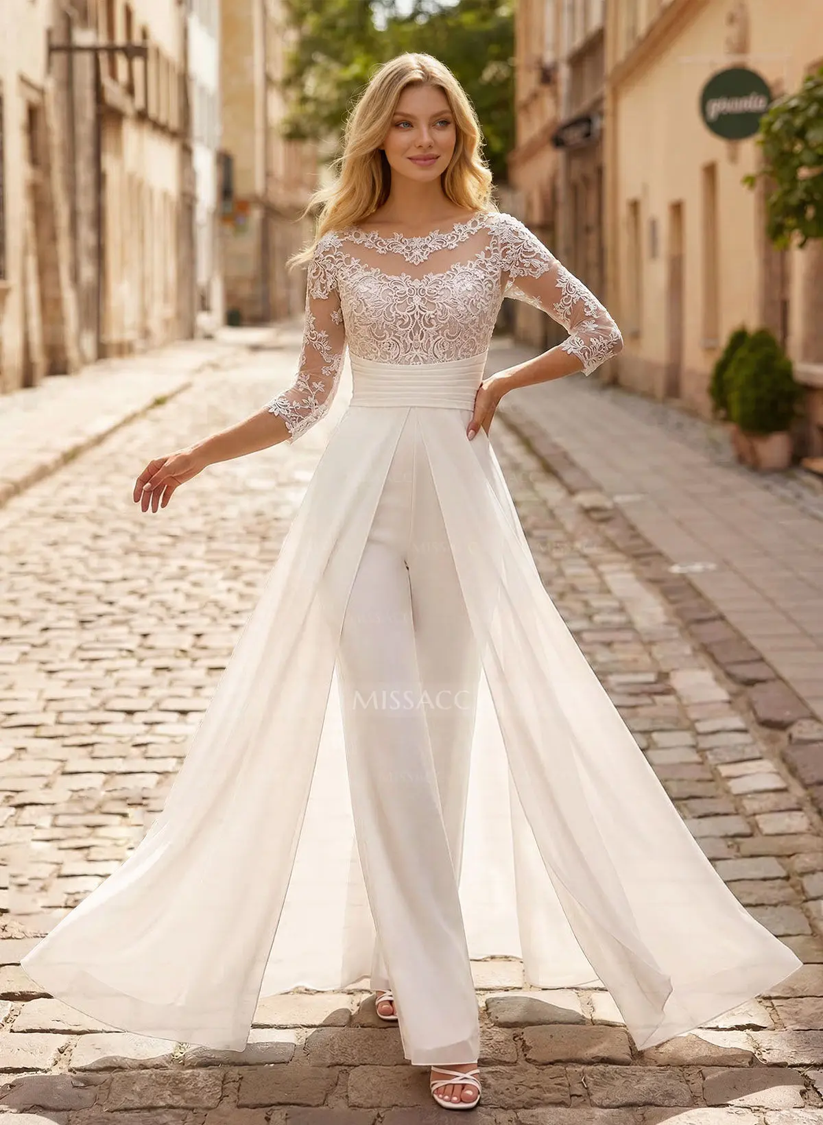 Missacc Ivory Bride Jumpsuit/Pantsuit Scoop Neck 3/4 Sleeves Floor-Length Chiffon/Lace Wedding Dresses With Lace/Overskirt Dress