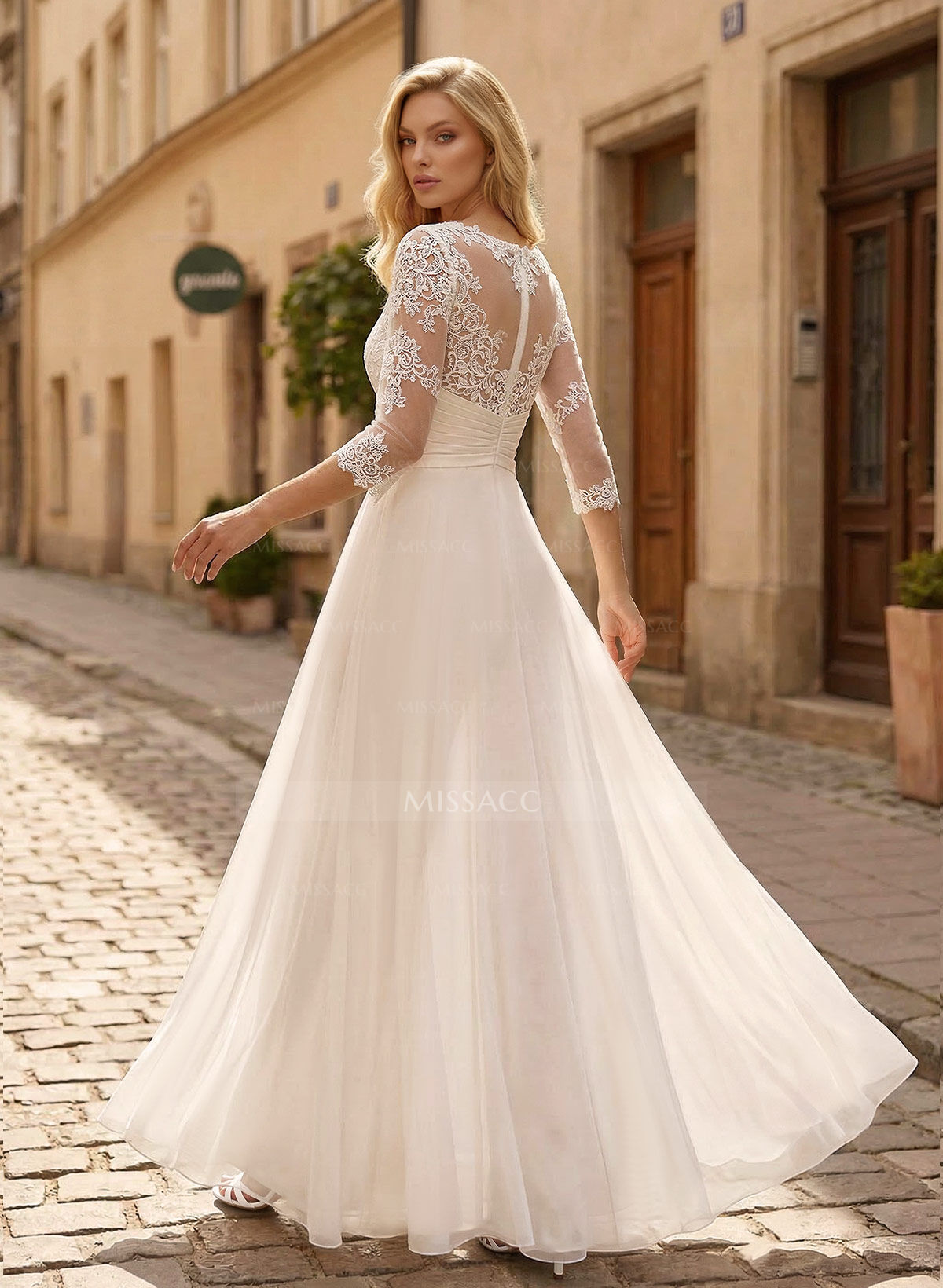 Jumpsuit/Pantsuit Scoop Neck 3/4 Sleeves Floor-Length Chiffon/Lace Wedding Dresses With Lace/Overskirt Dress