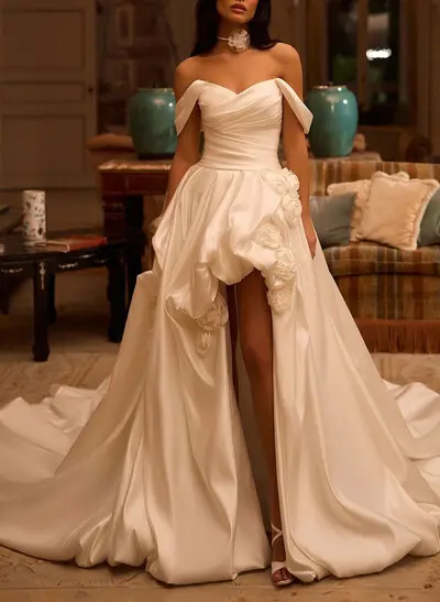 Ball-Gown Off-The-Shoulder Sleeveless Cathedral Satin(Non-Stretch) Wedding Dresses With Flower(s)