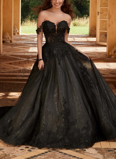 Elegant A-Line Off-The-Shoulder Chapel Train Satin/Tulle Wedding Dresses With Lace