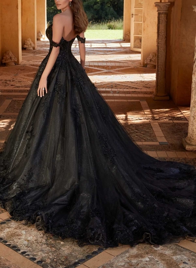 Elegant A-Line Off-The-Shoulder Chapel Train Satin/Tulle Wedding Dresses With Lace