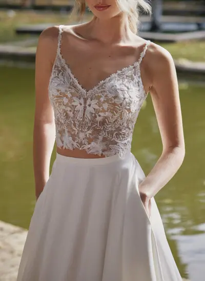 A-Line V-Neck Sleeveless Sweep Train Wedding Dresses