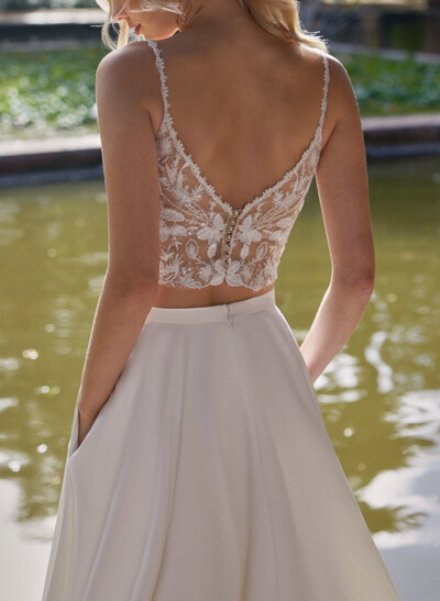 A-Line V-Neck Sleeveless Sweep Train Wedding Dresses