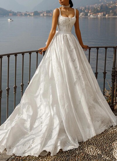 A-Line Square Neckline Sleeveless Chapel Train Bride Wedding Dress With Bow
