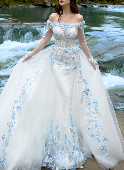 Trumpet/Mermaid Off-The-Shoulder Long Sleeves Chapel Train/Detachable Lace/Satin/Tulle Wedding Dresses