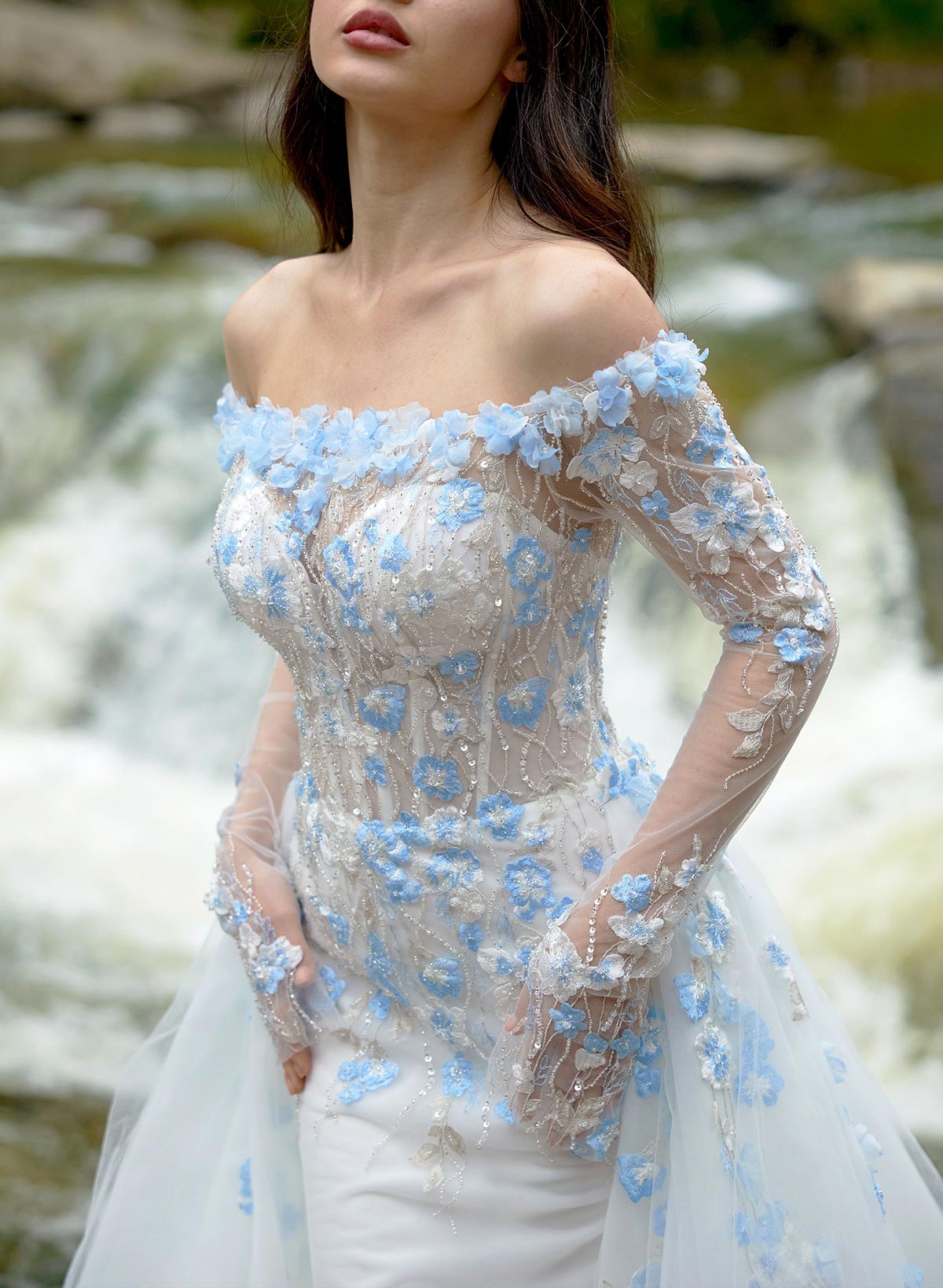 Trumpet/Mermaid Off-The-Shoulder Long Sleeves Chapel Train/Detachable Lace/Satin/Tulle Wedding Dresses