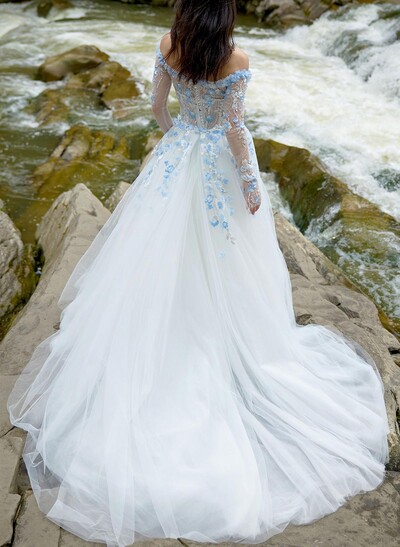 Trumpet/Mermaid Off-The-Shoulder Long Sleeves Chapel Train/Detachable Lace/Satin/Tulle Wedding Dresses