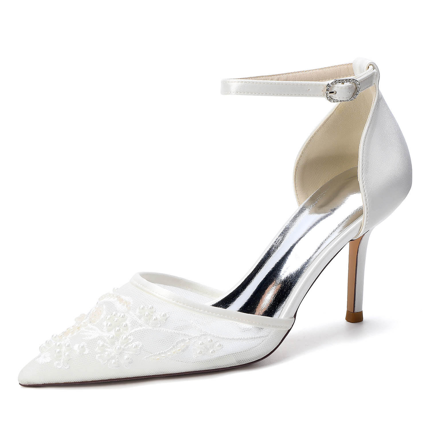 High Heel Lace/Silk Like Satin Point Toe Wedding Shoes With Flower/Beading