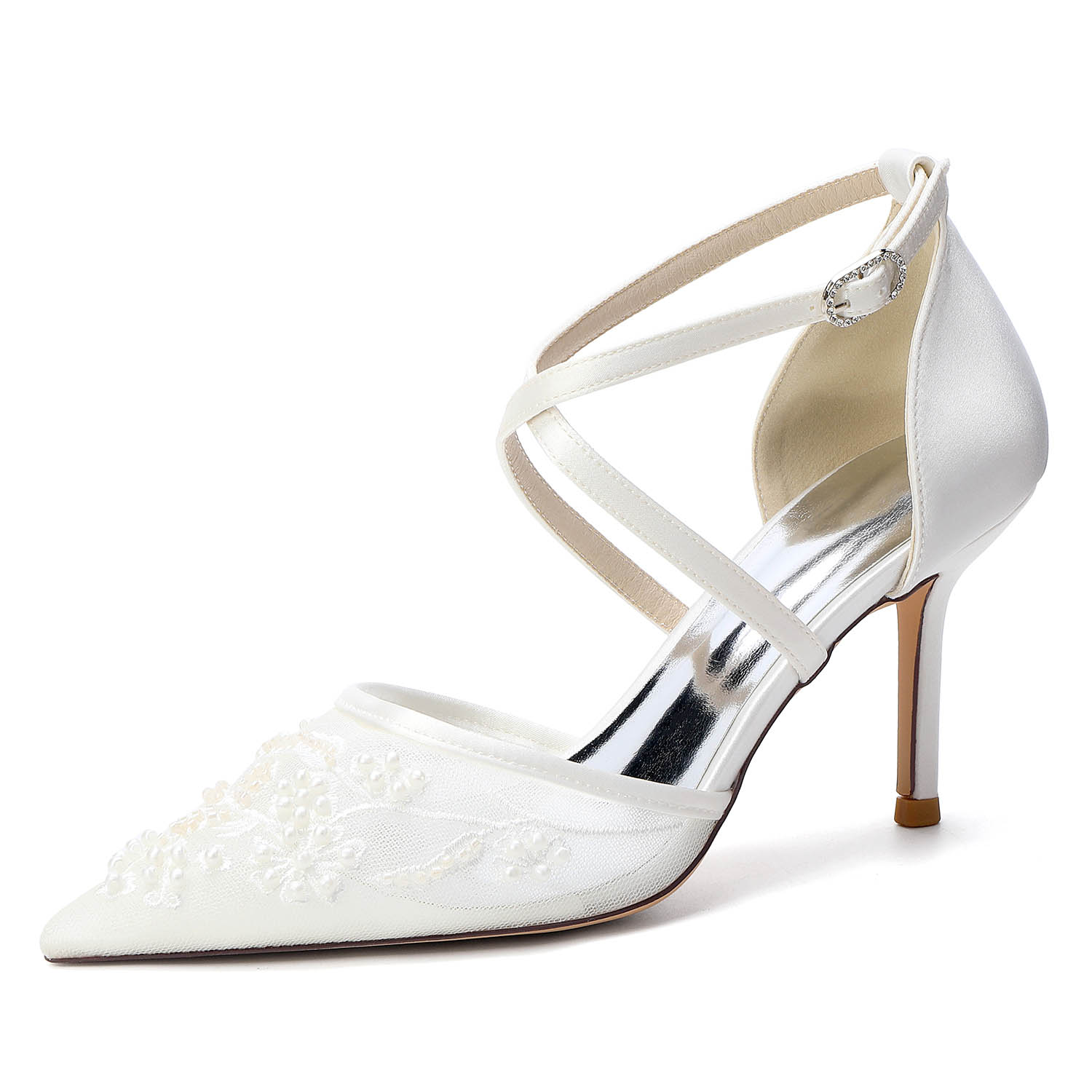 Point Toe Lace/Silk Like Satin High Heel Wedding Shoes With Flower/Beading
