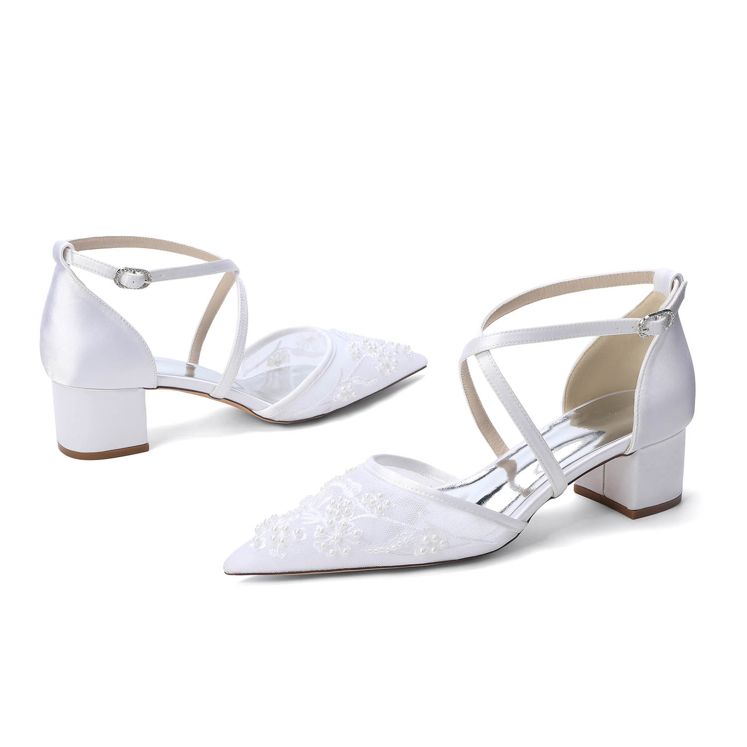 Low Heel Lace/Silk Like Satin Point Toe Wedding Shoes With Flower/Beading