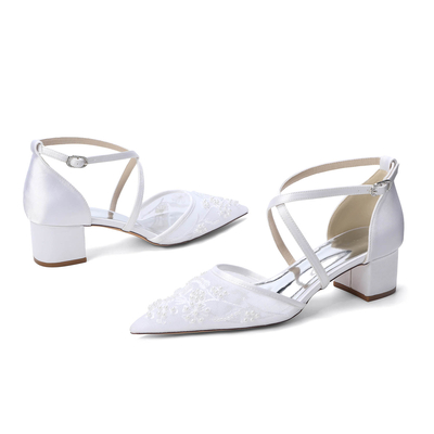 Low Heel Lace/Silk Like Satin Point Toe Wedding Shoes With Flower/Beading