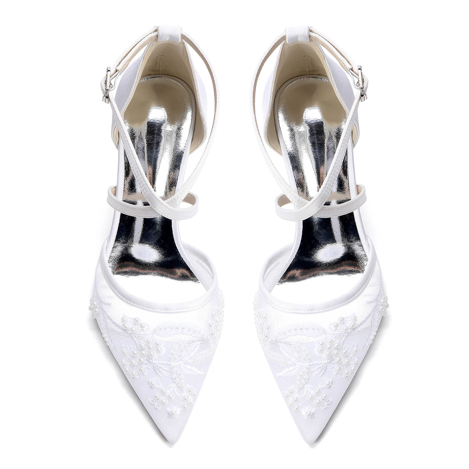 Low Heel Lace/Silk Like Satin Point Toe Wedding Shoes With Flower/Beading