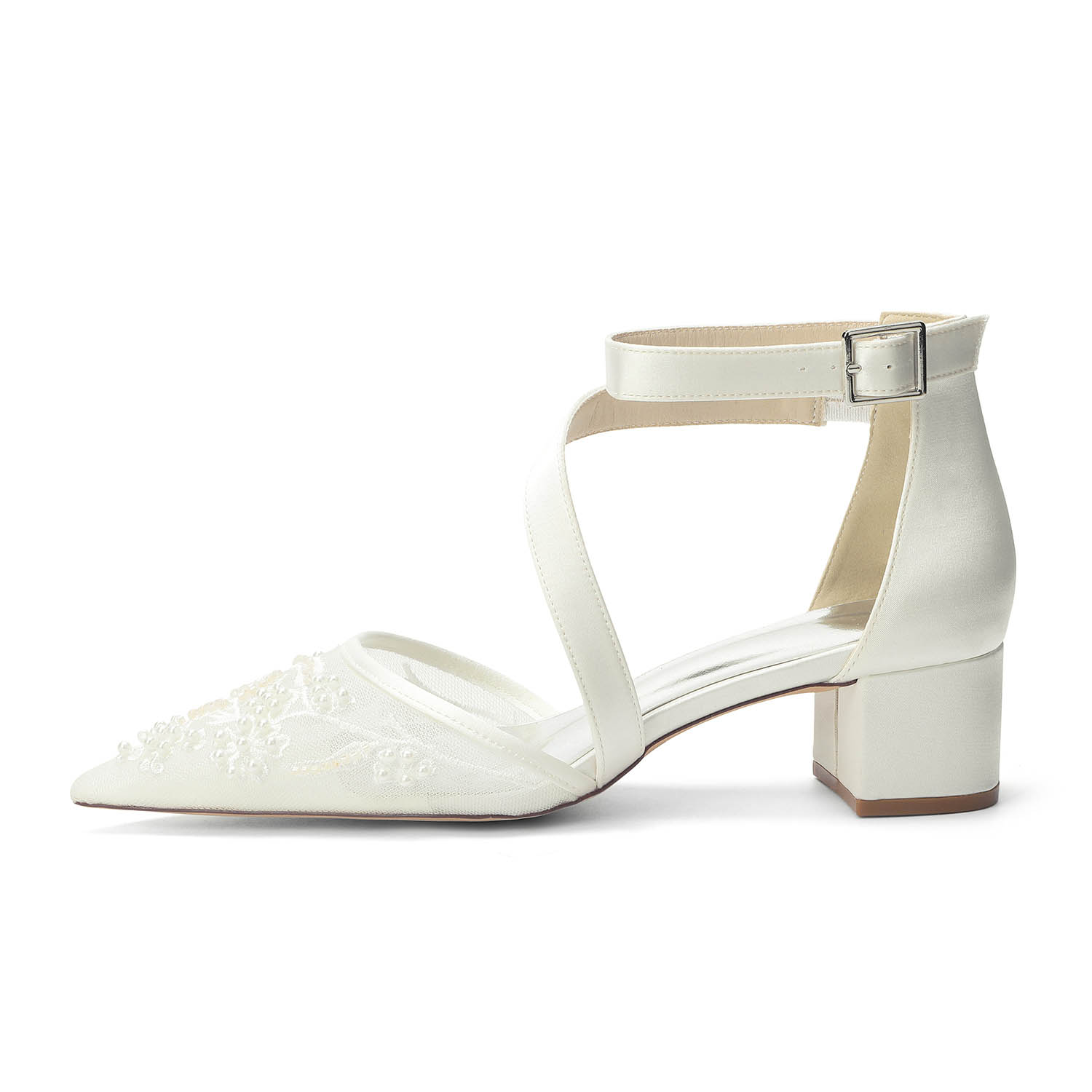 Low Heel Lace/Silk Like Satin Point Toe Wedding Shoes With Flower/Beading