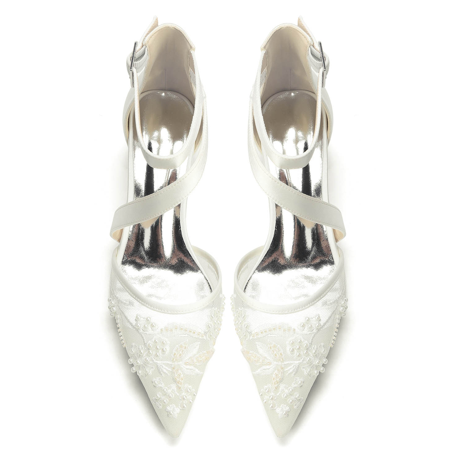 Low Heel Lace/Silk Like Satin Point Toe Wedding Shoes With Flower/Beading