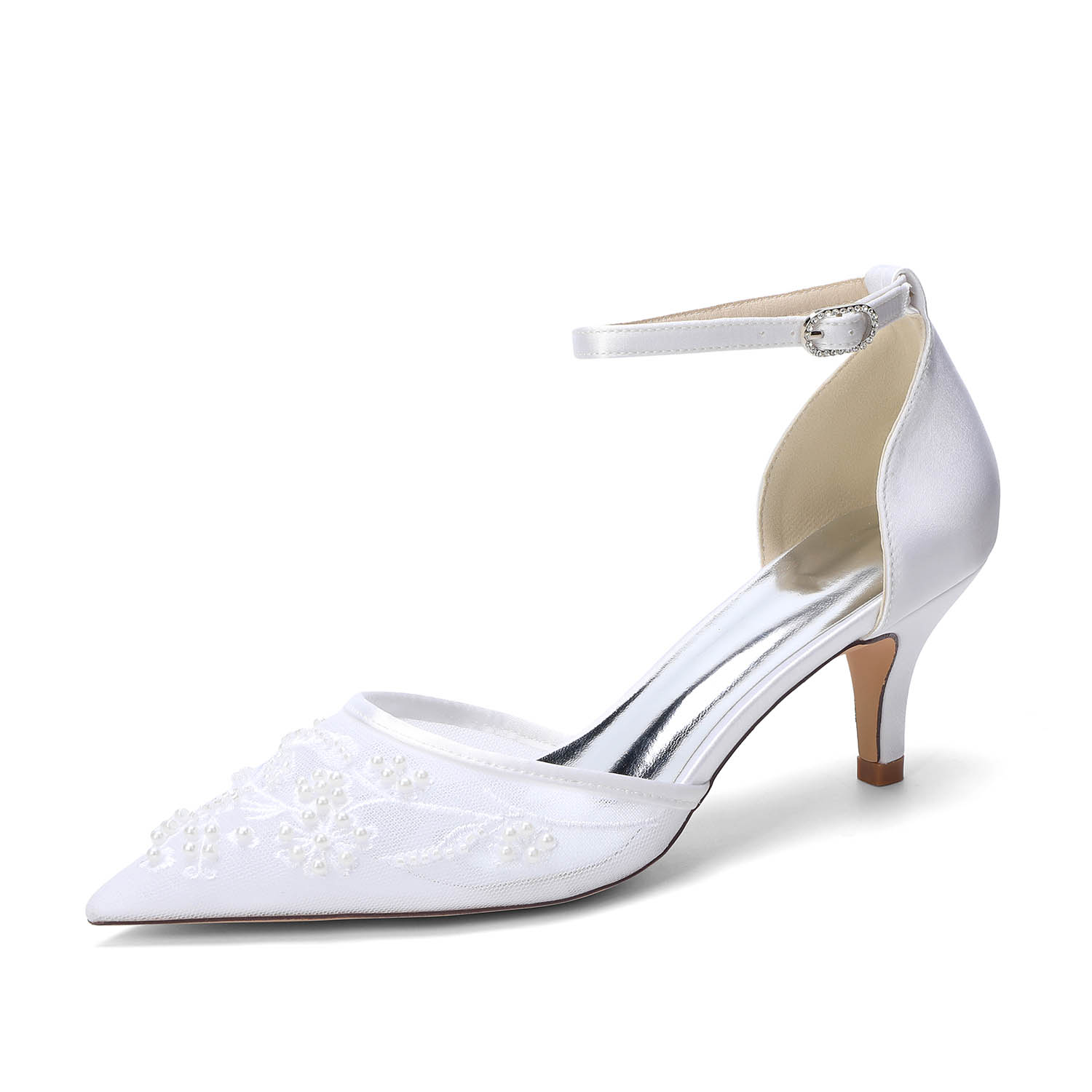 Kitten Heel Lace/Silk Like Satin Point Toe Wedding Shoes With Flower/Beading