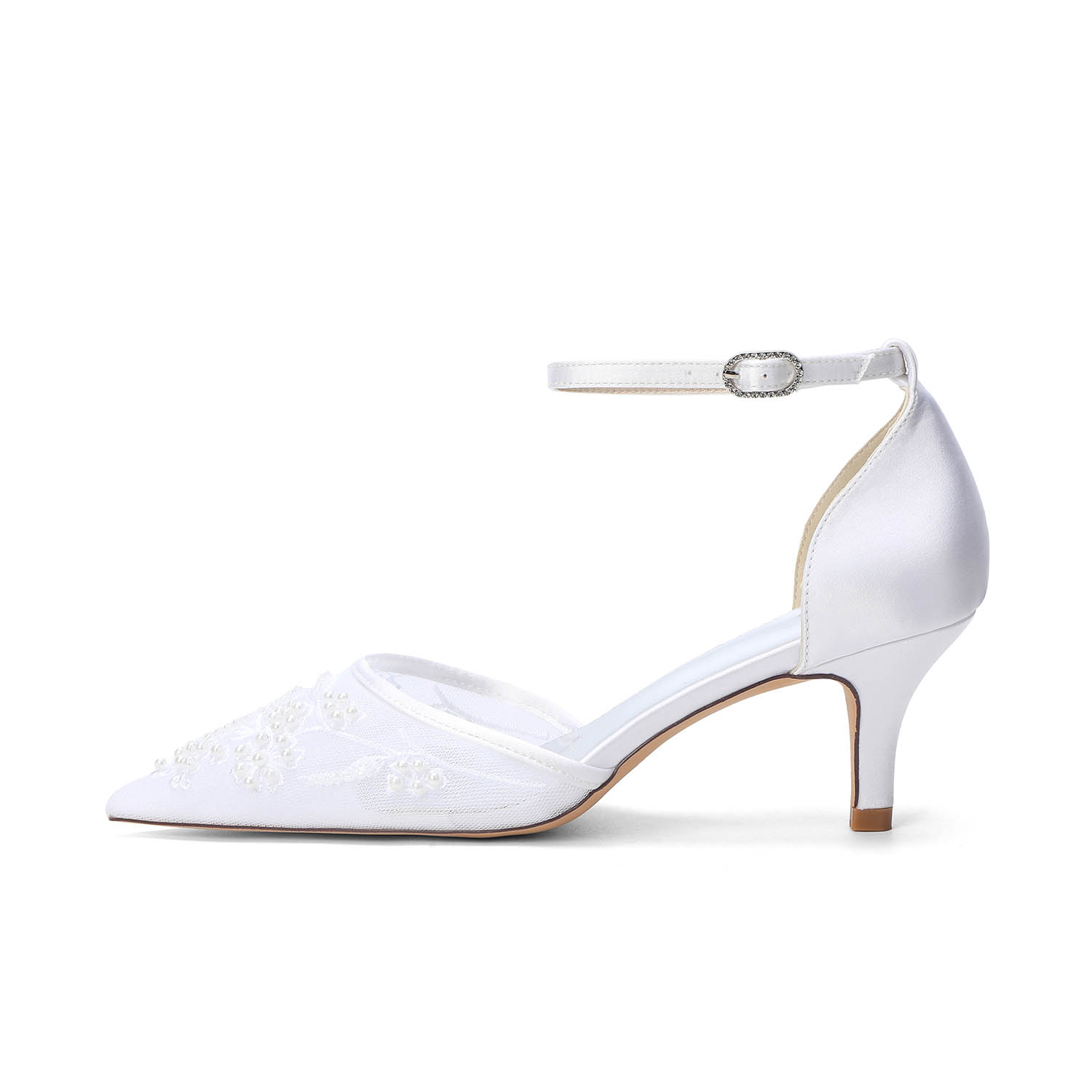 Kitten Heel Lace/Silk Like Satin Point Toe Wedding Shoes With Flower/Beading