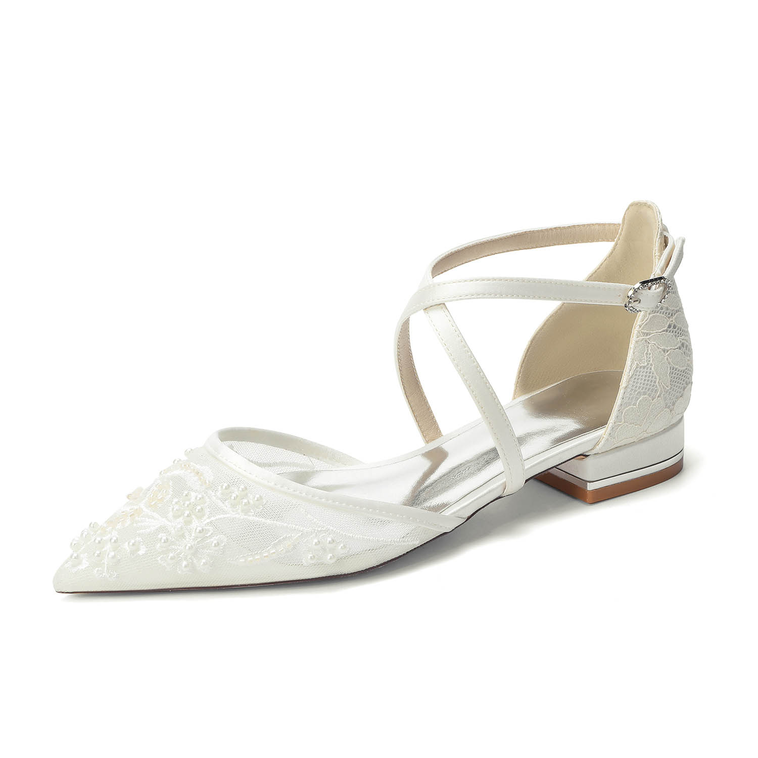 Flat Heel Lace/Silk Like Satin Point Toe Wedding Shoes With Flower/Beading