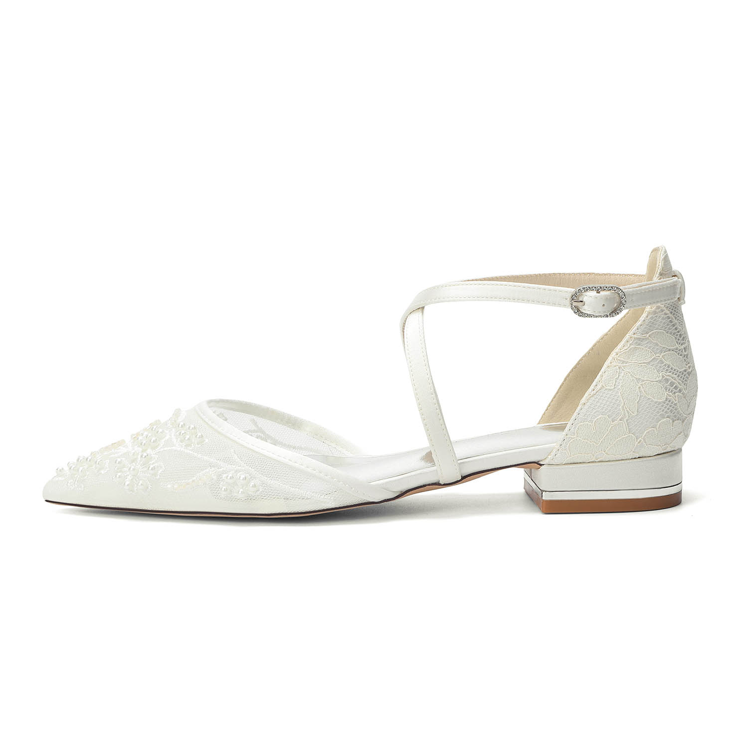 Flat Heel Lace/Silk Like Satin Point Toe Wedding Shoes With Flower/Beading