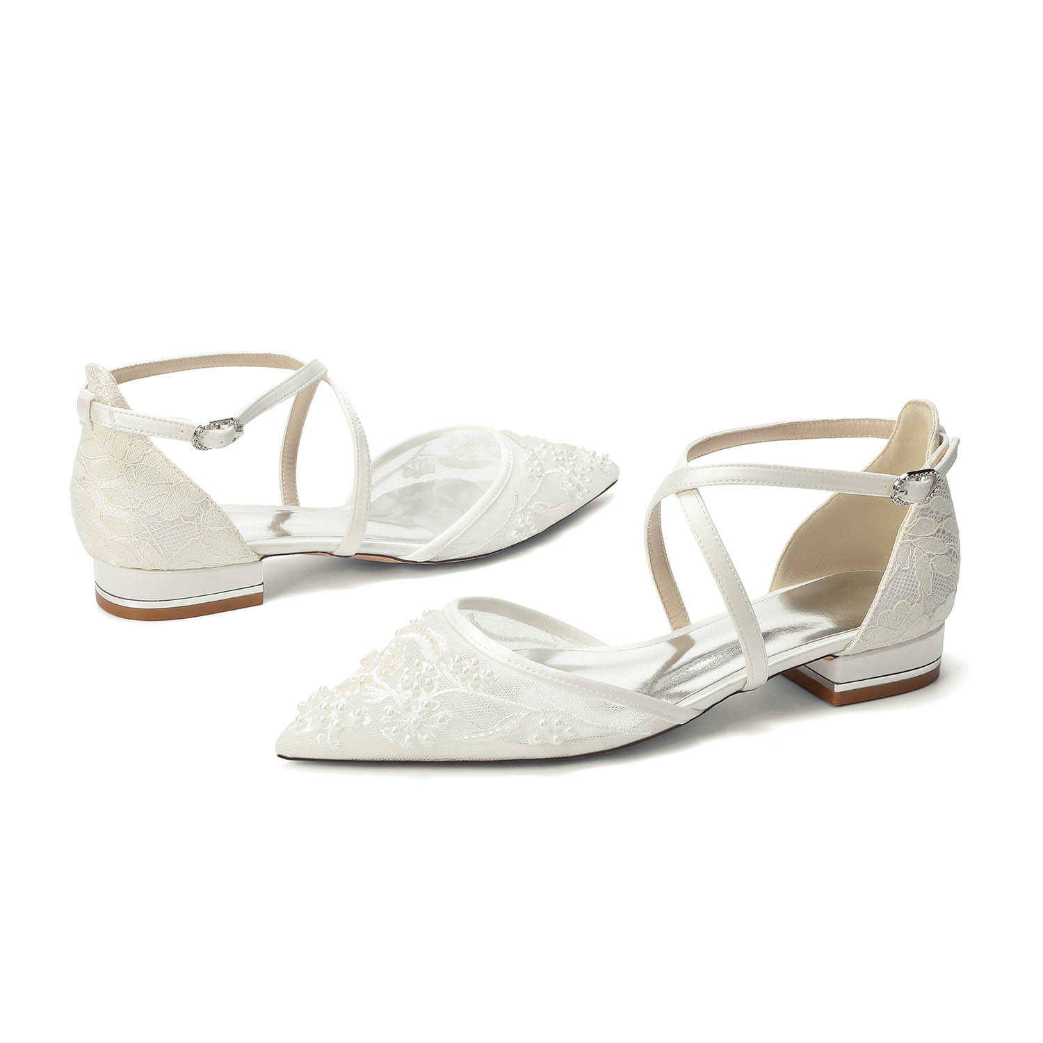 Flat Heel Lace/Silk Like Satin Point Toe Wedding Shoes With Flower/Beading