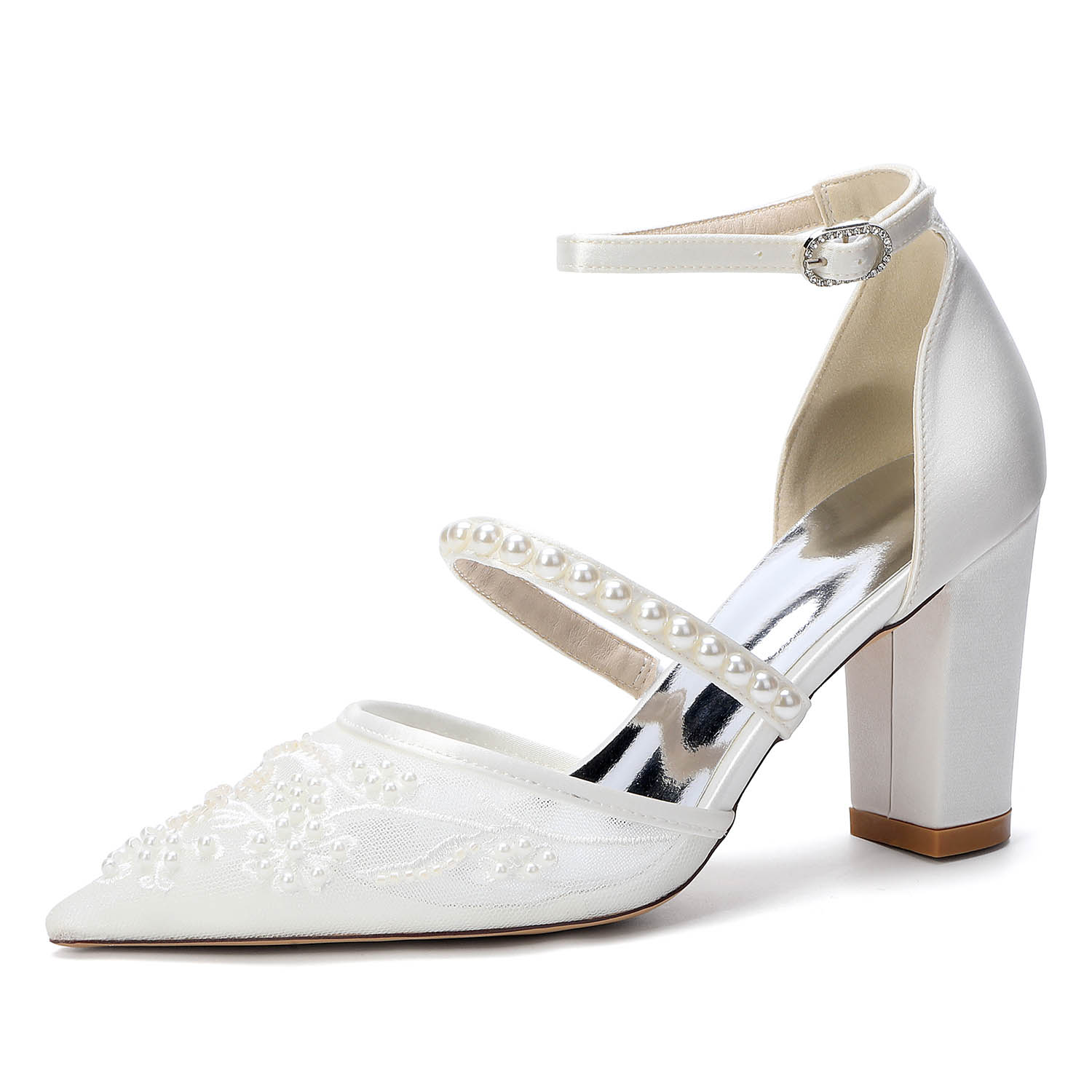 Chunky Heel Lace/Silk Like Satin Point Toe Wedding Shoes With Imitation Pearl/Flower/Beading