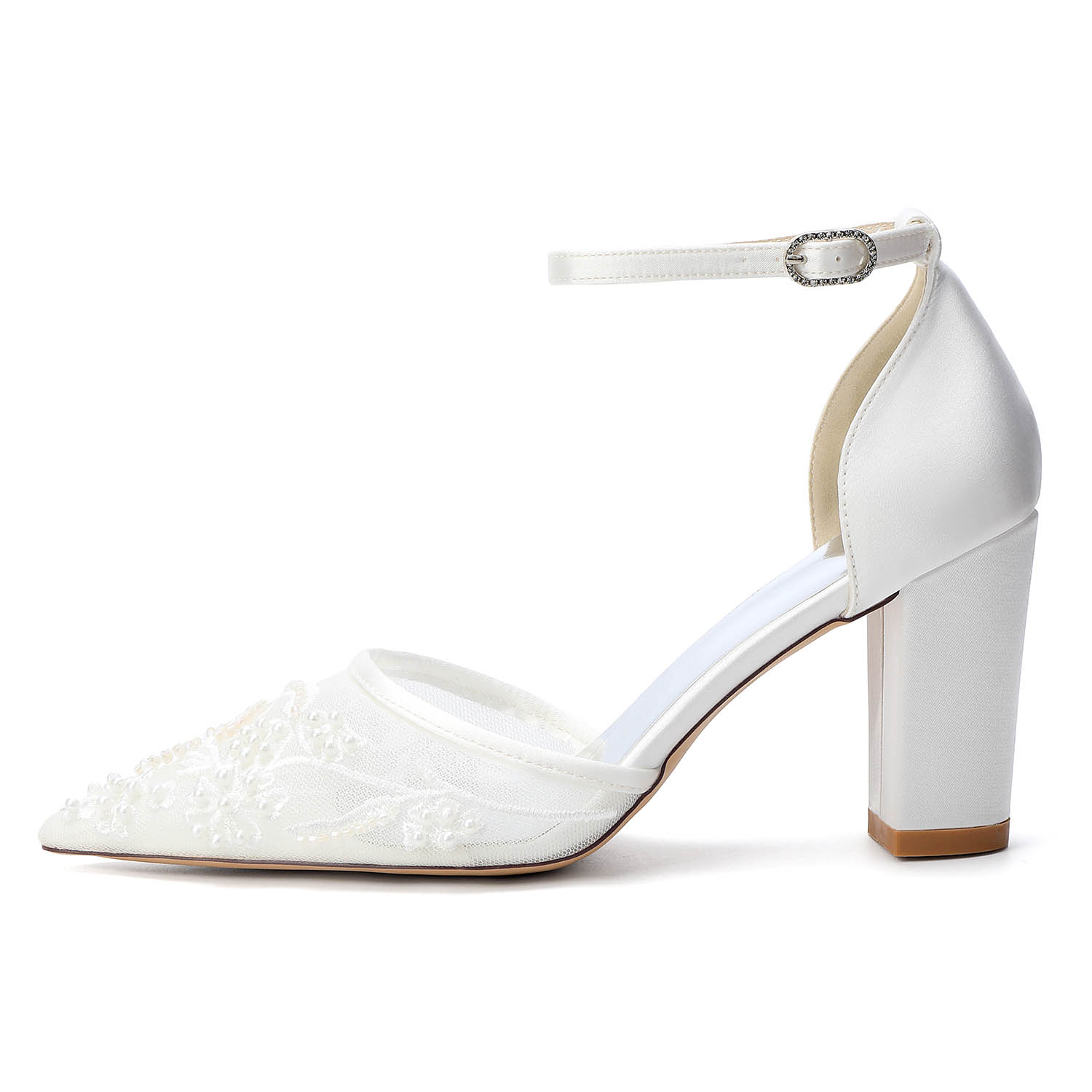 Chunky Heel Lace/Silk Like Satin Point Toe Wedding Shoes With Flower/Beading