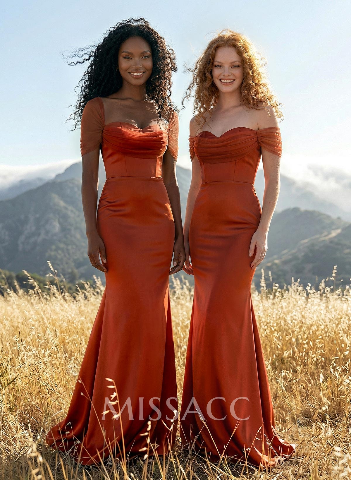 Trumpet/Mermaid Off-The-Shoulder Detachable Sleeves Sweep Train Charmeuse Bridesmaid Dresses