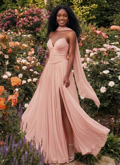 A-Line Strapless Sweep Train Chiffon Bridesmaid Dresses With Pleated/High Split