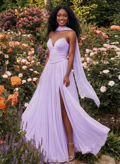A-Line Strapless Sweep Train Chiffon Bridesmaid Dresses With Pleated/High Split